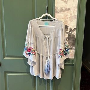 Judith March Light Gray Blouse with Colorful Embroidery